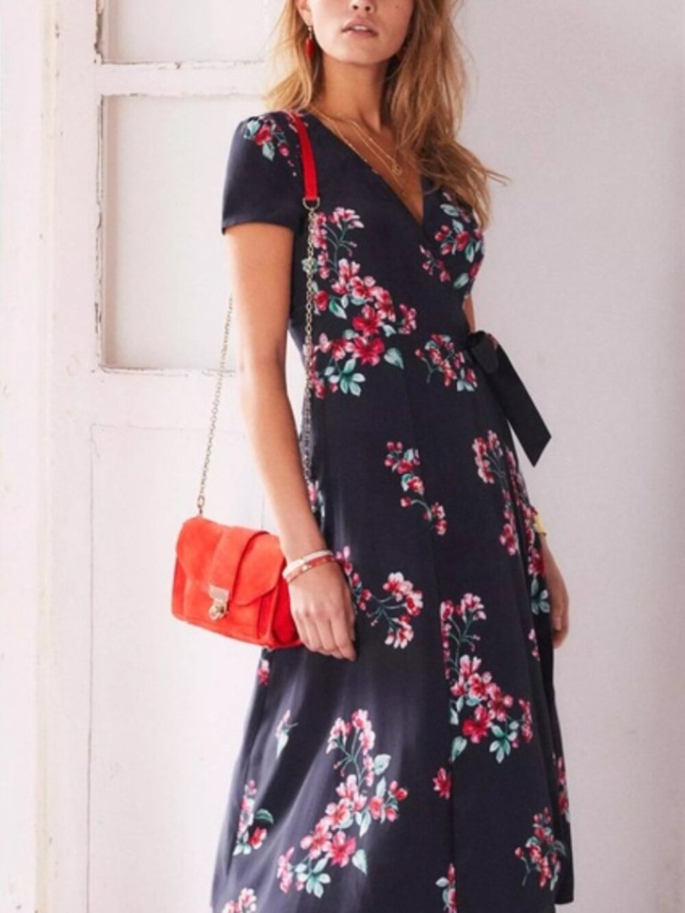 Sézane Navy Floral Wrap Dress 100% Silk Midi – Effortless Chic